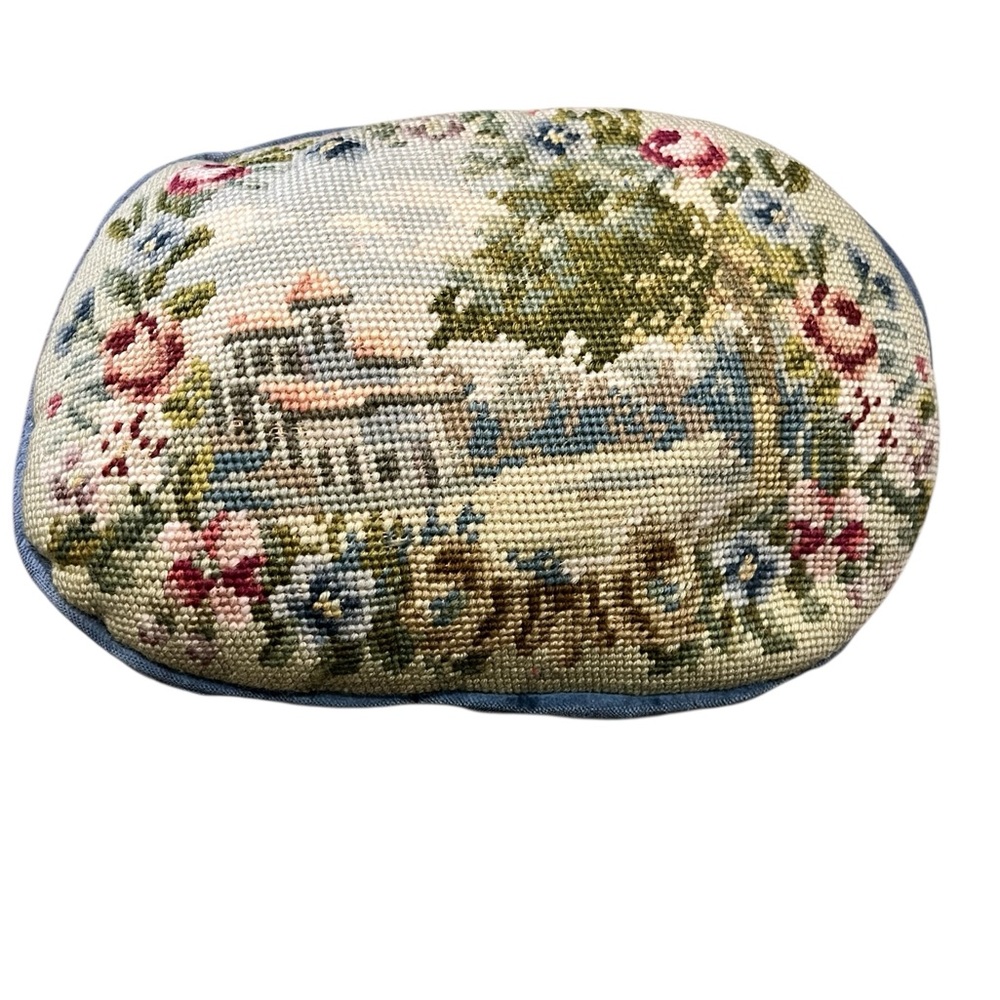Needlepoint pillow cover with pastoral country scene
